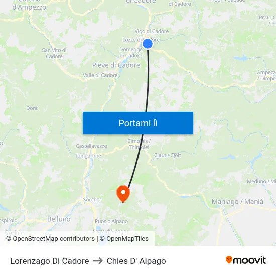 Lorenzago Di Cadore to Chies D' Alpago map