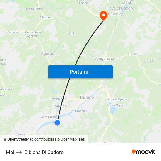 Mel to Cibiana Di Cadore map