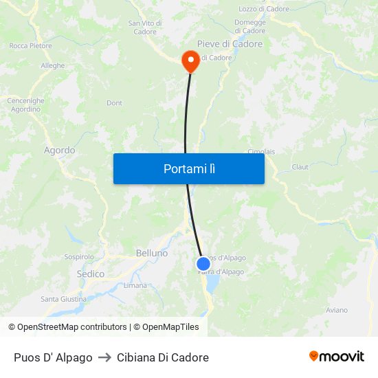 Puos D' Alpago to Cibiana Di Cadore map
