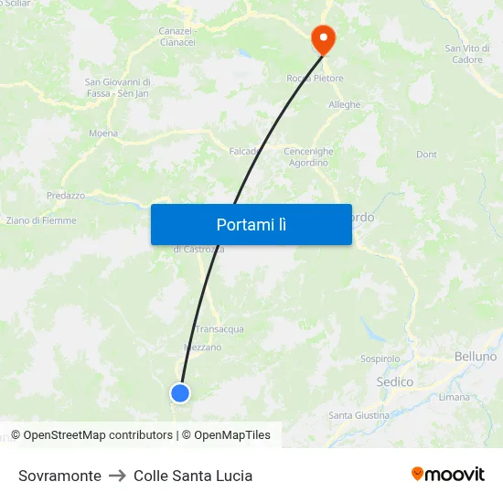 Sovramonte to Colle Santa Lucia map