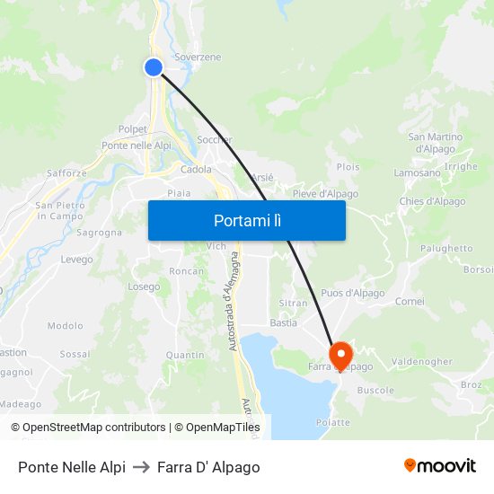 Ponte Nelle Alpi to Farra D' Alpago map