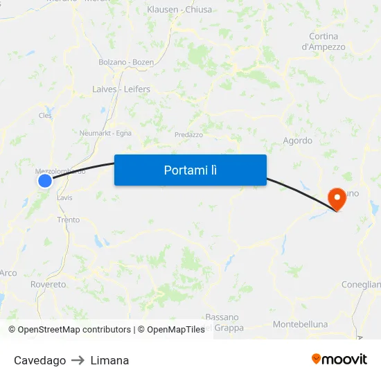 Cavedago to Limana map
