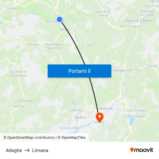 Alleghe to Limana map