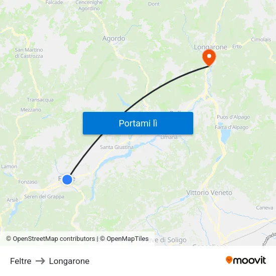 Feltre to Longarone map