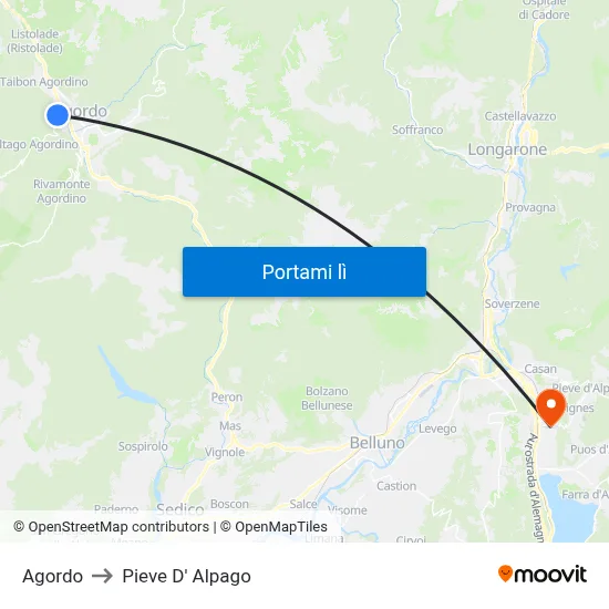Agordo to Pieve D' Alpago map
