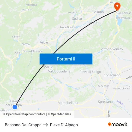 Bassano Del Grappa to Pieve D' Alpago map
