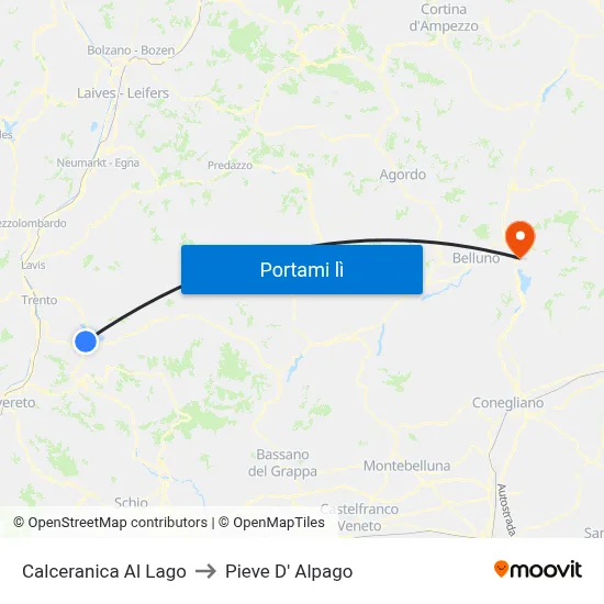 Calceranica Al Lago to Pieve D' Alpago map