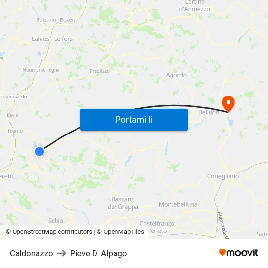 Caldonazzo to Pieve D' Alpago map