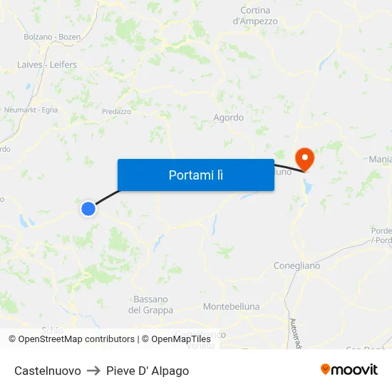 Castelnuovo to Pieve D' Alpago map