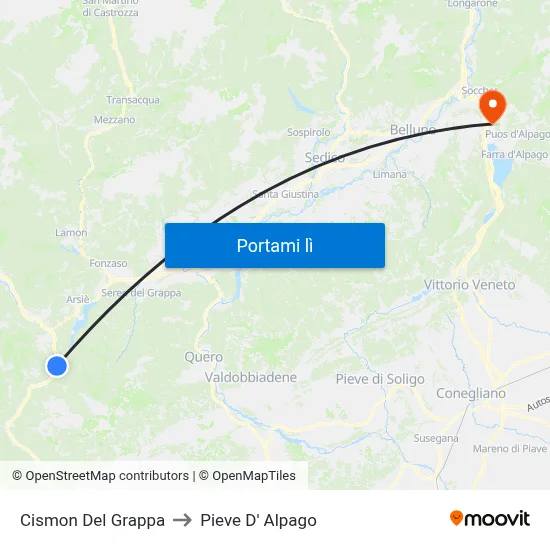 Cismon Del Grappa to Pieve D' Alpago map