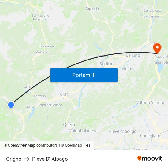Grigno to Pieve D' Alpago map