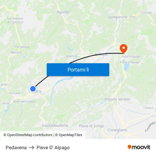 Pedavena to Pieve D' Alpago map