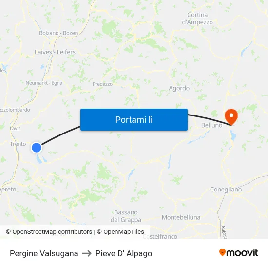 Pergine Valsugana to Pieve D' Alpago map