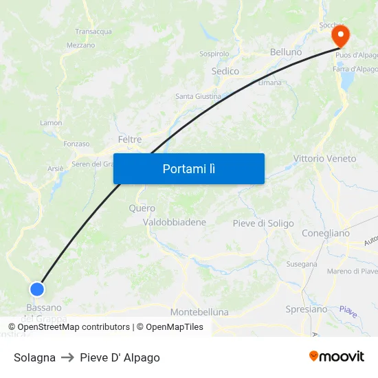 Solagna to Pieve D' Alpago map