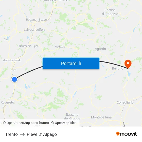 Trento to Pieve D' Alpago map