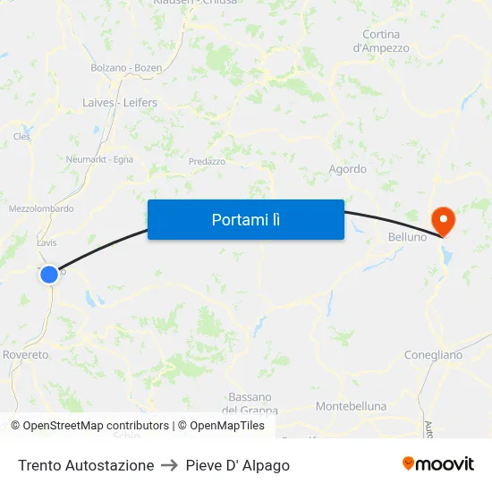 Trento Autostazione to Pieve D' Alpago map