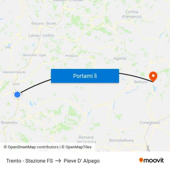 Trento - Stazione FS to Pieve D' Alpago map
