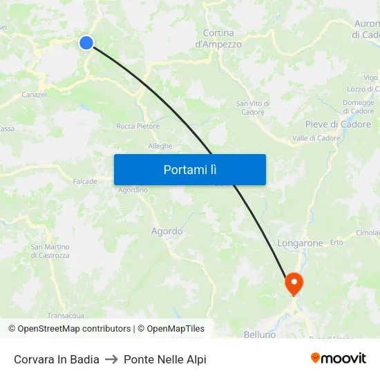 Corvara In Badia to Ponte Nelle Alpi map