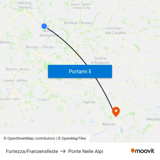 Fortezza/Franzensfeste to Ponte Nelle Alpi map