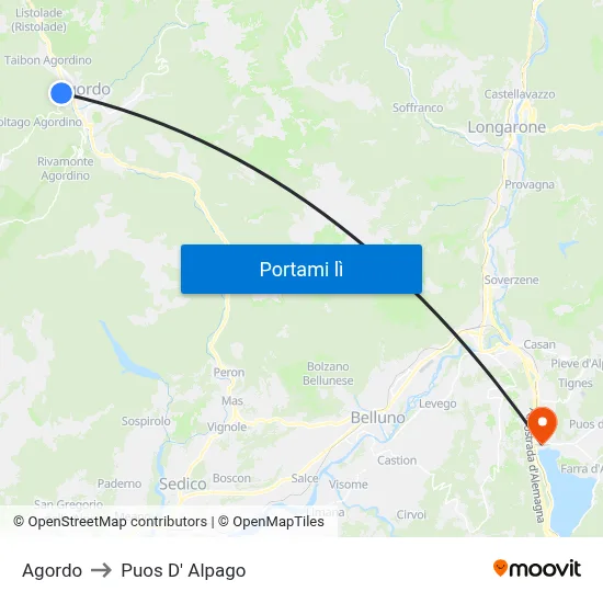 Agordo to Puos D' Alpago map