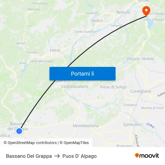 Bassano Del Grappa to Puos D' Alpago map
