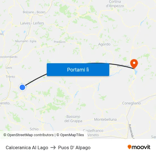 Calceranica Al Lago to Puos D' Alpago map