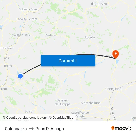 Caldonazzo to Puos D' Alpago map