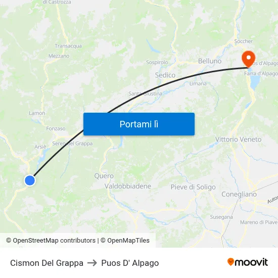 Cismon Del Grappa to Puos D' Alpago map
