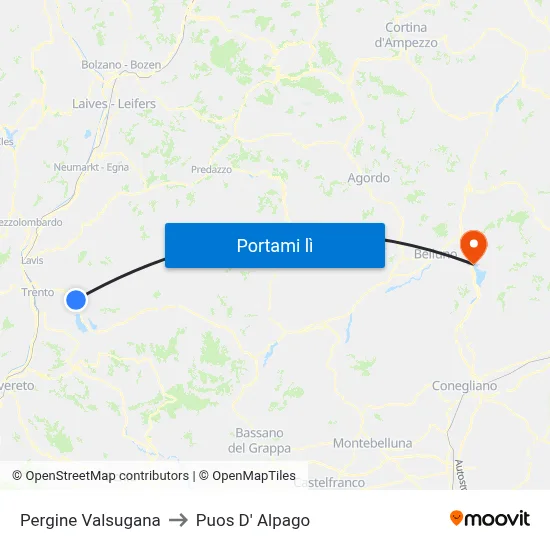 Pergine Valsugana to Puos D' Alpago map