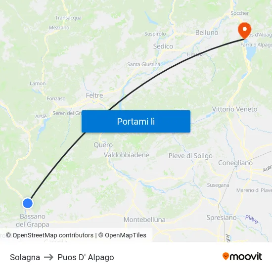 Solagna to Puos D' Alpago map