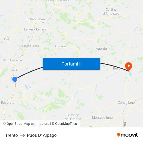 Trento to Puos D' Alpago map