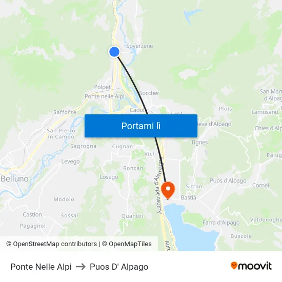 Ponte Nelle Alpi to Puos D' Alpago map