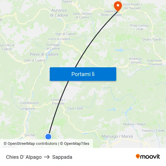 Chies D' Alpago to Sappada map