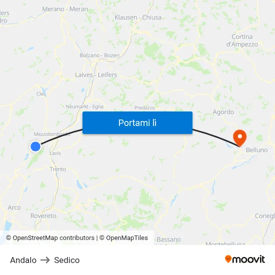 Andalo to Sedico map
