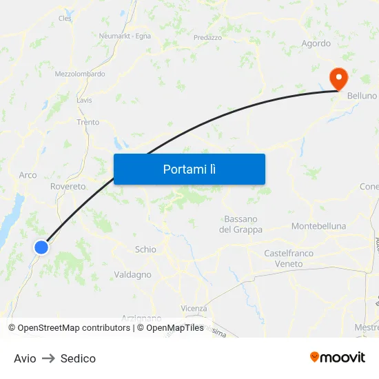 Avio to Sedico map
