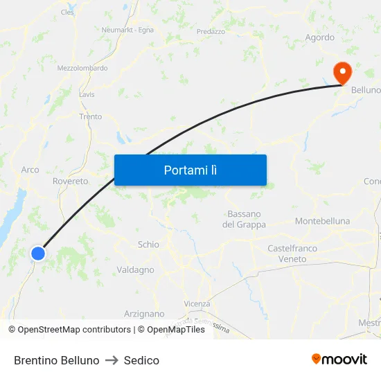 Brentino Belluno to Sedico map