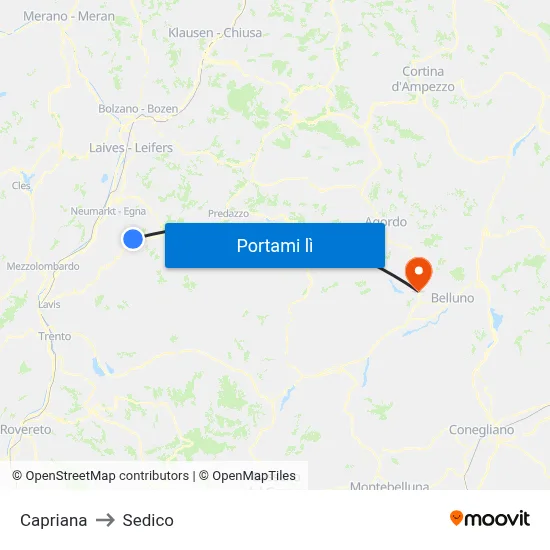 Capriana to Sedico map