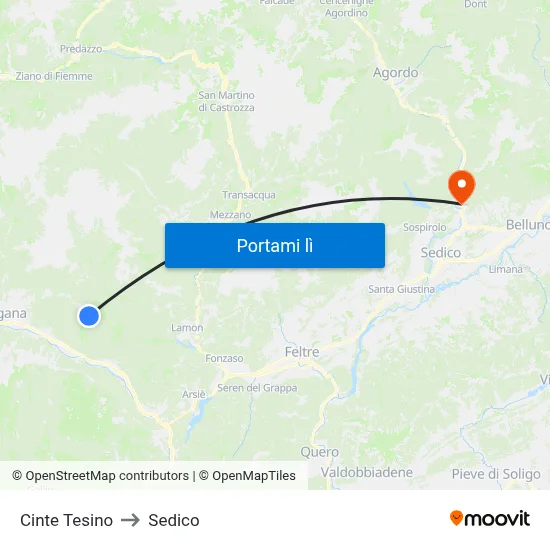 Cinte Tesino to Sedico map