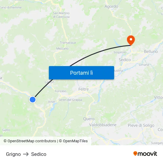 Grigno to Sedico map