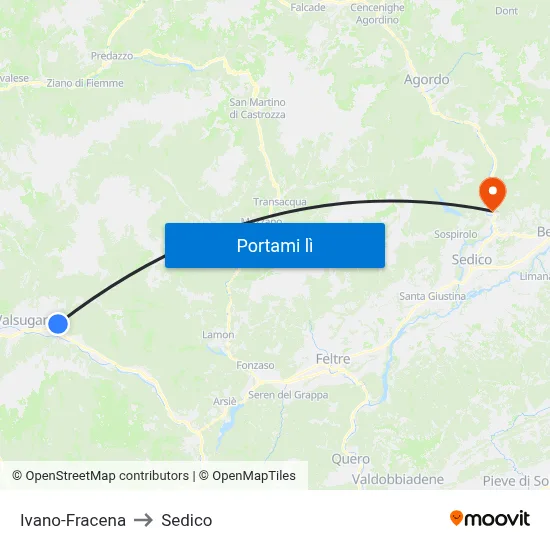 Ivano-Fracena to Sedico map