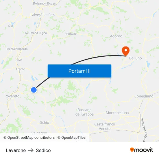 Lavarone to Sedico map