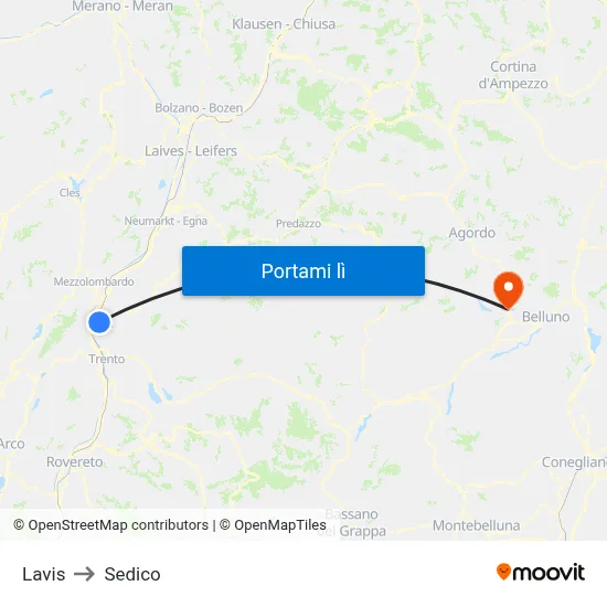 Lavis to Sedico map