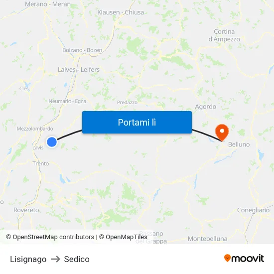 Lisignago to Sedico map