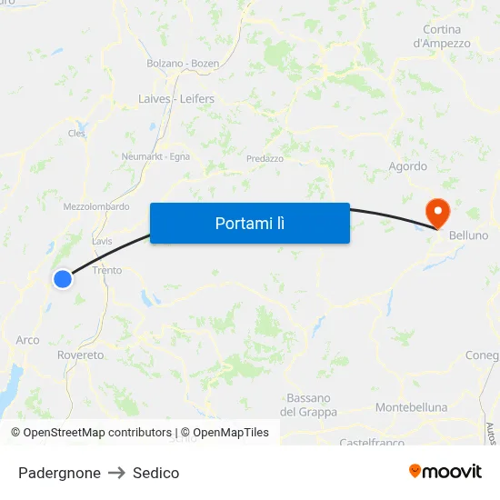 Padergnone to Sedico map
