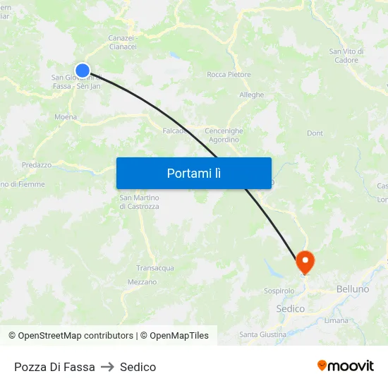 Pozza Di Fassa to Sedico map