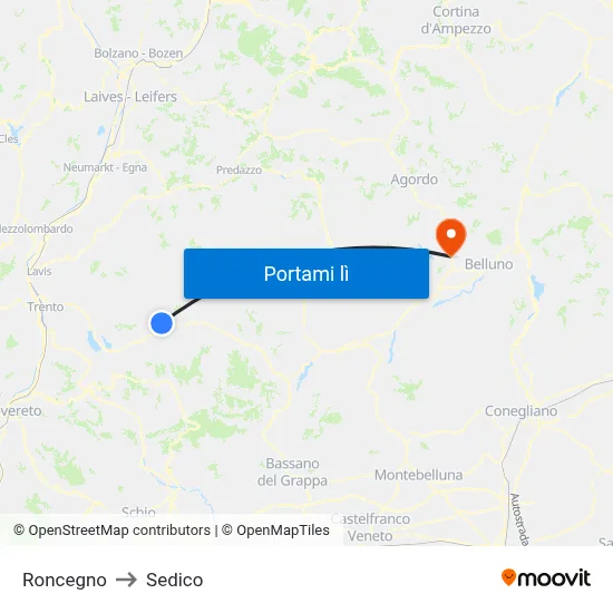 Roncegno to Sedico map