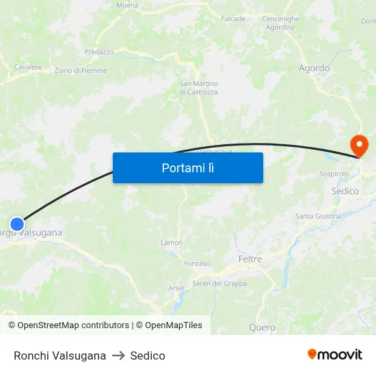 Ronchi Valsugana to Sedico map