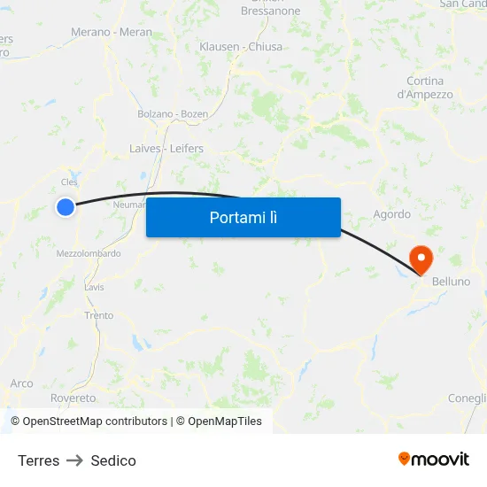 Terres to Sedico map