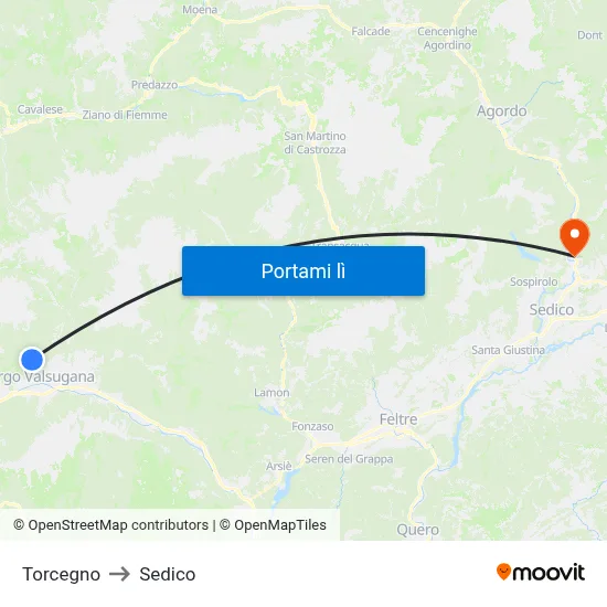 Torcegno to Sedico map