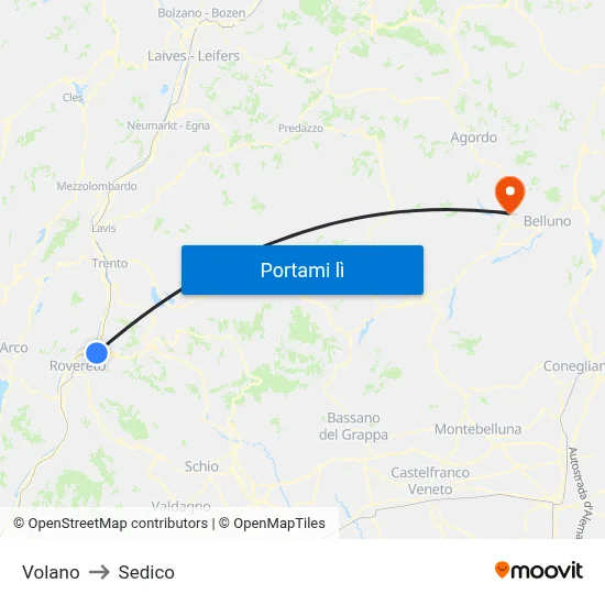 Volano to Sedico map